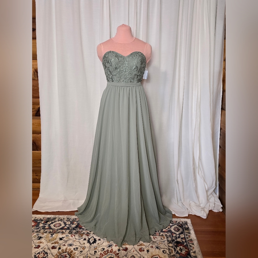 KENNEDY BLUE Moss Green Strapless Lace Bridesmaid Gown